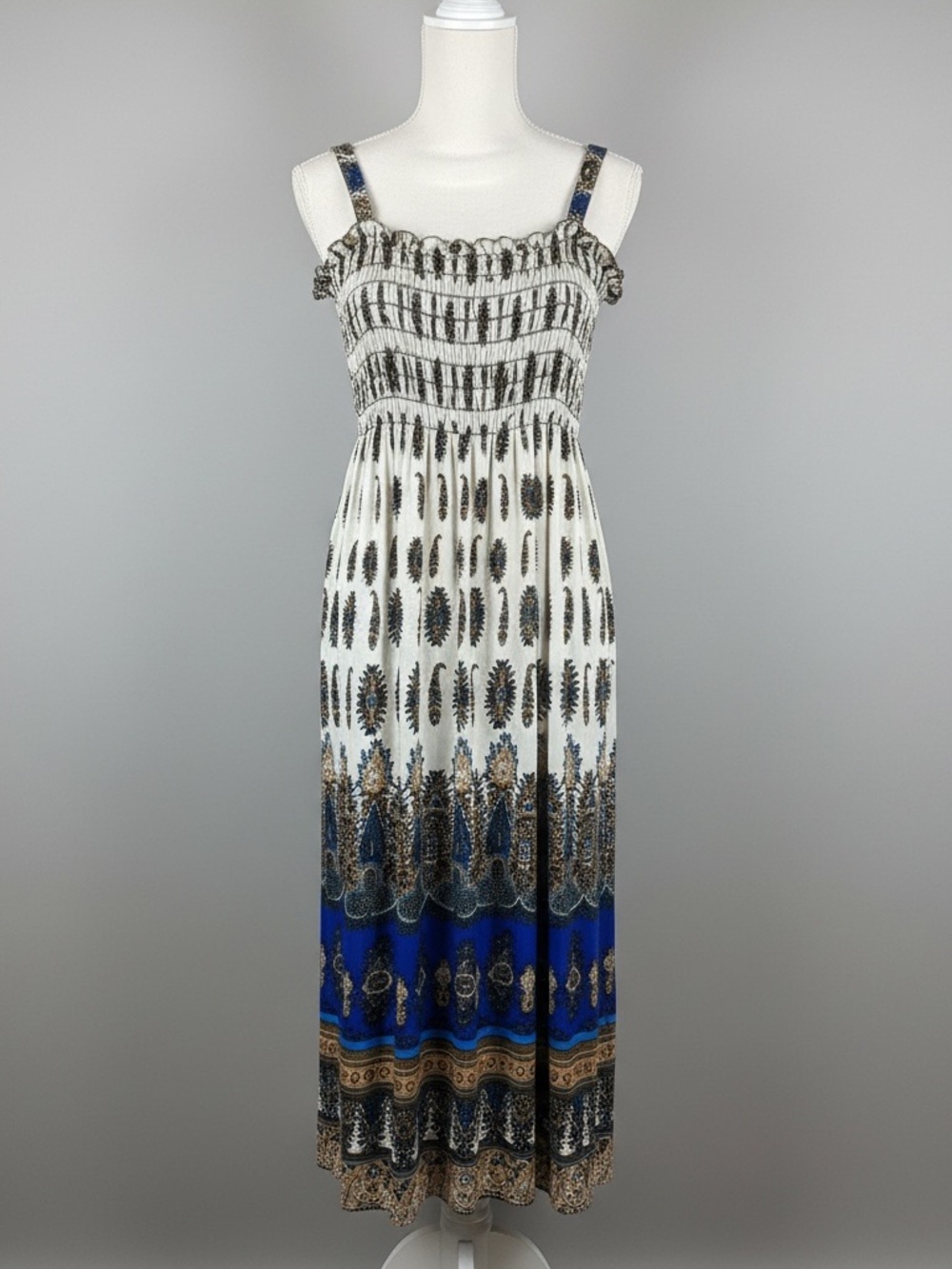 Boho Maxi Dress in Cream and Blue